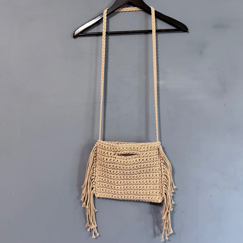 Woven Fringe Crossbody Bag with Zipper Tan Boho Indie Western